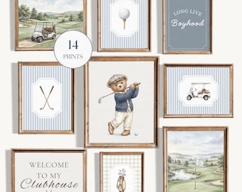 Blue Green Golf Nursery Decor Set, Golf Nursery Wall Art, Boy Nursery Decor, Teddy Bear Nursery, Boy Room Vintage Sport Art, Golf Room Decor