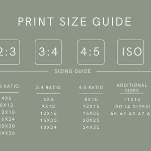 May include: Print size guide on a sage green background. The guide includes ratios 2:3, 3:4, 4:5, and ISO, with corresponding print sizes such as 4x6, 8x10, and 11x14 inches. The text is in a clean, sans-serif font.