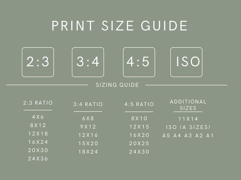 May include: Print size guide on a sage green background. The guide includes ratios 2:3, 3:4, 4:5, and ISO, with corresponding print sizes such as 4x6, 8x10, and 11x14 inches. The text is in a clean, sans-serif font.
