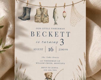 Little Fisherman Birthday Invitation Template, Fishing Birthday Party Invite, Teddy Bear Fishing Invite, Lake Birthday Invitation