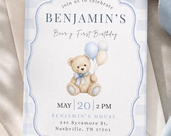 Teddy Bear First Birthday Invitation Template, Beary First Birthday Invite, Blue Gingham Teddy Bear Party Invitation,Boy 1st Birthday Invite