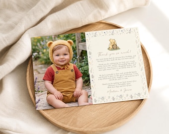 Winnie the Pooh Thank You Card Template, First Birthday Thank You Card, Editable Canva Photo Card, Little Hunny Birthday, 5x7 Printable