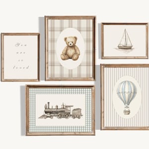May include: A set of five framed wall art prints featuring a teddy bear on a plaid background, a sailboat, a hot air balloon on a striped background, a steam train on a gingham background, and the text You are so loved in a simple font.