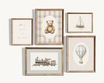 Neutral Nursery Wall Art Set of 5, Vintage Teddy Bear, Plaid Baby Room Decor, Train Sailboat Prints, Nursery Prints