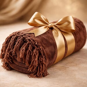 May include: A rolled-up brown blanket with fringe, tied with a gold satin ribbon and bow. The blanket is a warm, earthy tone, perfect for gifting or home decor. The background is a soft, neutral color.