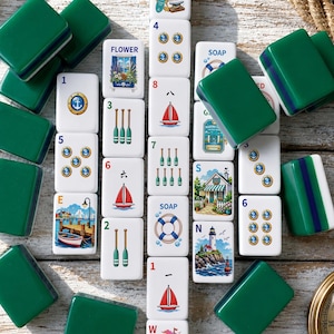 Luxury Coastal Harbor Mahjong Set, Nautical Mahjong Tiles, Lighthouse Mahjong, Collector American Mahjong Gift image 2