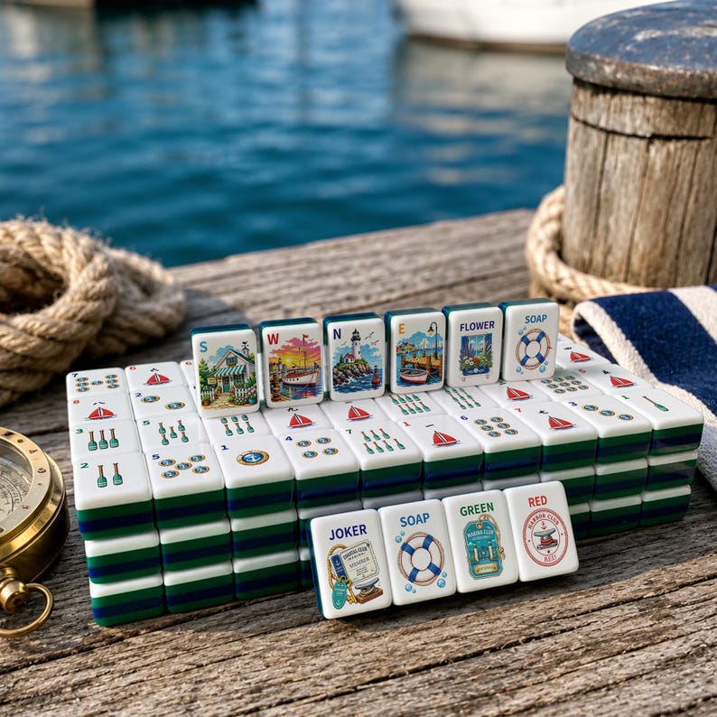Luxury Coastal Harbor Mahjong Set, Nautical Mahjong Tiles, Lighthouse Mahjong, Collector American Mahjong Gift image 3