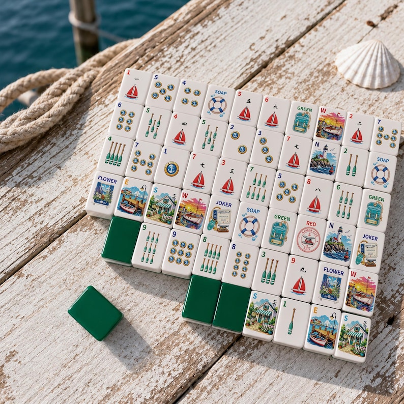 May include: A set of rectangular mahjong tiles featuring nautical-themed illustrations including sailboats, lighthouses, life preservers, and oars, alongside text labels like SOAP, GREEN, RED, FLOWER, JOKER, and compass directions on a white background.