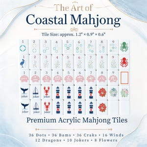 May include: A set of premium acrylic Coastal Mahjong tiles. The tiles are white with various symbols and numbers, including lighthouses, flowers, and sea creatures. Tile size is approximately 1.2" x 0.9" x 0.6". The set includes 36 dots, bams, and craks.