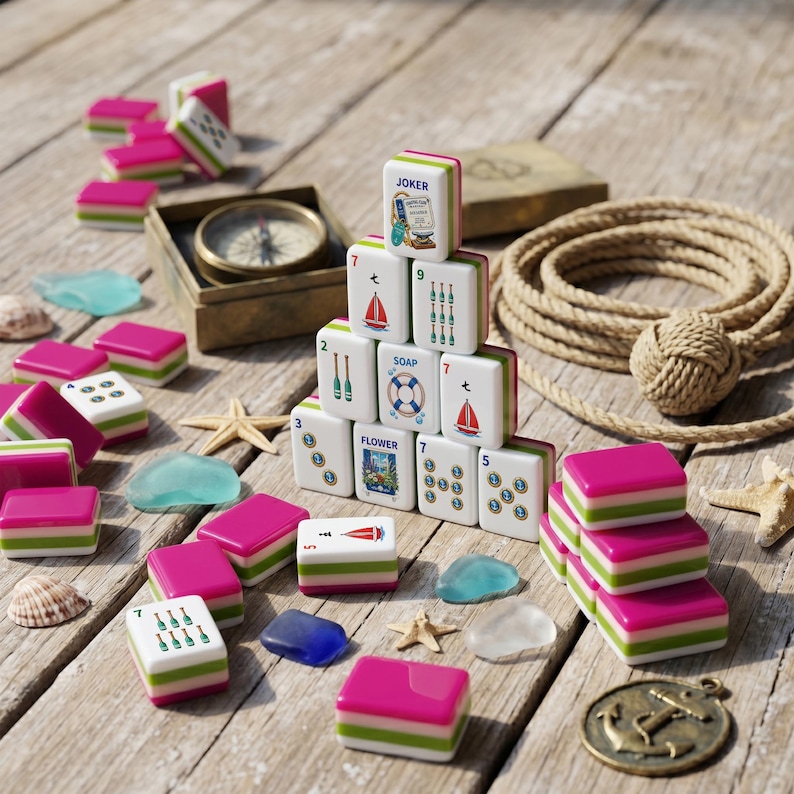 May include: A set of Mahjong tiles featuring pink, white, and green layers with various illustrations including sailboats, numbers, and the word JOKER. The tiles are arranged in a pyramid stack alongside a compass, rope, seashells, and starfish.