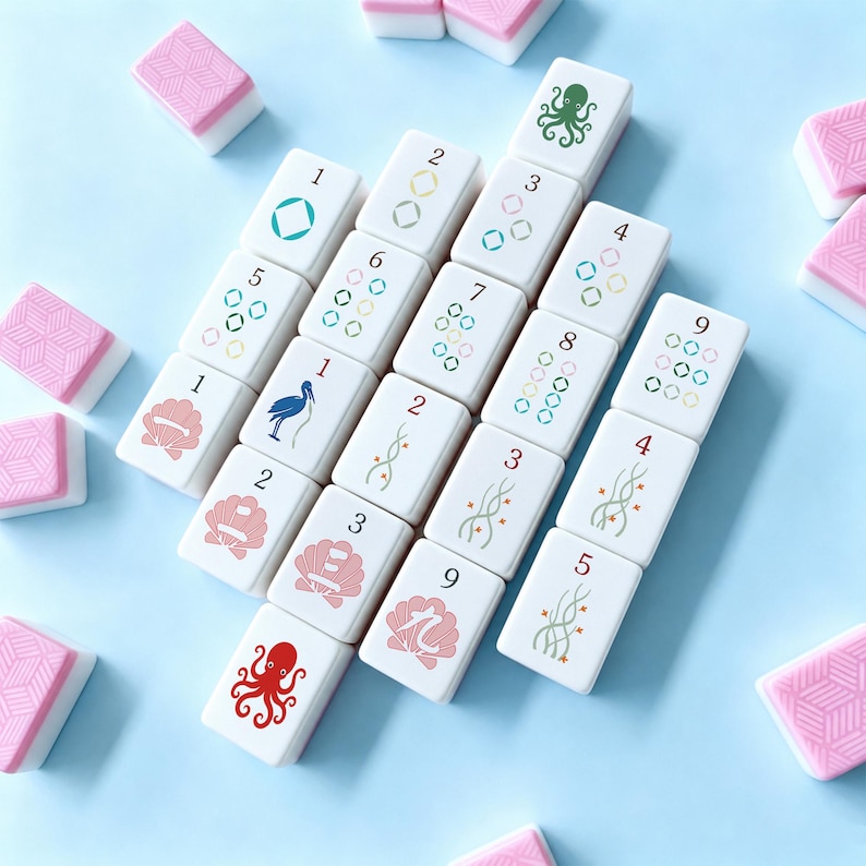 May include: A set of white Mahjong tiles with pink accents, featuring various symbols and numbers. The tiles display images of an octopus, seashells, and other marine-themed designs. Additional pink and white tiles are scattered around.
