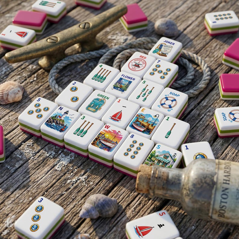 May include: A set of nautical-themed mahjong tiles featuring illustrations of sailboats, lighthouses, anchors, and oars, arranged on a weathered wooden surface alongside a metal boat cleat, a coiled rope, seashells, and a glass bottle labeled Boston Harbor.