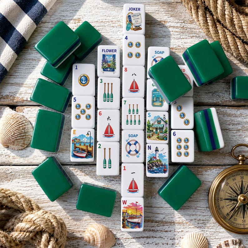 Luxury Coastal Harbor Mahjong Set, Nautical Mahjong Tiles, Lighthouse Mahjong, Collector American Mahjong Gift image 2