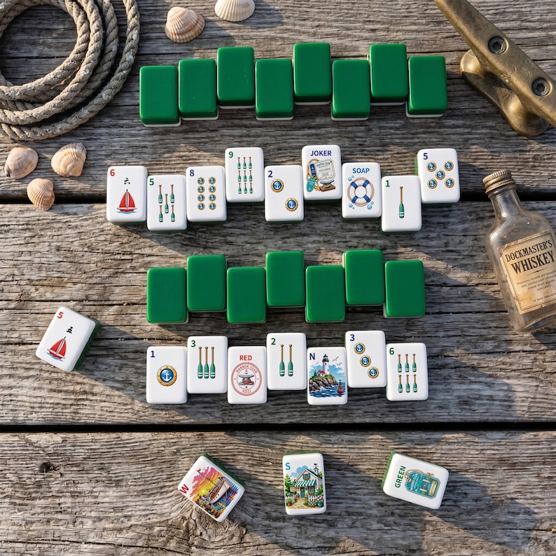 May include: A set of nautical-themed mahjong tiles featuring illustrations of sailboats, lighthouses, anchors, and oars. The tiles are white with green backs, displayed alongside a small glass bottle labeled Dockmaster's Whiskey and seashells.
