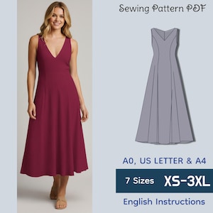 Wykrój sukienki midi z dekoltem w serek w formacie PDF | Letnia sukienka bez rękawów z rozkloszowaną nogawką | Sukienka w kształcie litery A XS–3XL | Formaty A0 i A4 | Przyjazny dla początkujących