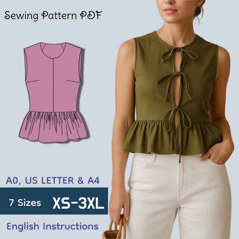 Tie Front Peplum Top Sewing Pattern PDF • Sleeveless Summer Linen ...