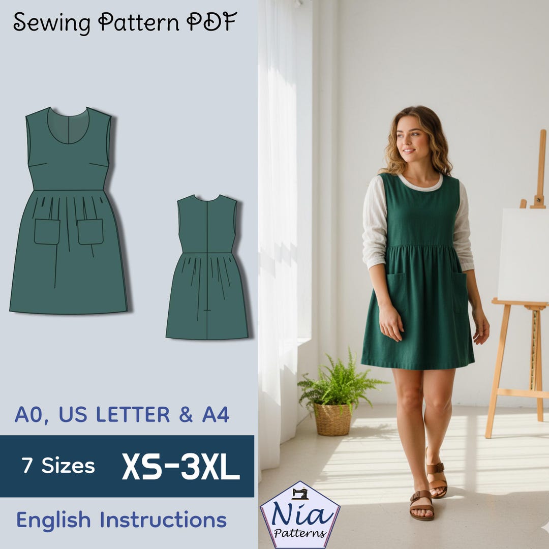 Apron Dress Sewing Pattern PDF | Linen Pocket Dress With Gathered Waist ...