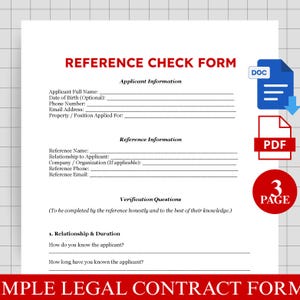 以下が含まれることがあります： 「REFERENCE CHECK FORM」と赤字で書かれた白い参照チェックフォーム。 フォームには、申請者と参照情報、および確認の質問のセクションが含まれています。 DOC、PDF、および3 PAGEのアイコンが右上隅にあります。