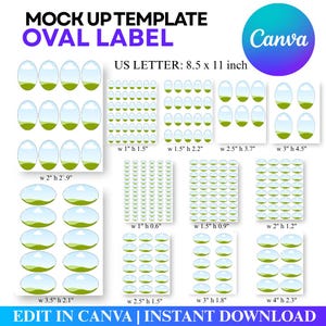 May include: A mock-up template for oval labels with various sizes, including 2" x 2.9" and 3.5" x 2.1" labels. The design features a blue and green color scheme, with the text "EDIT IN CANVA | INSTANT DOWNLOAD". The US Letter size is 8.5 x 11 inches.