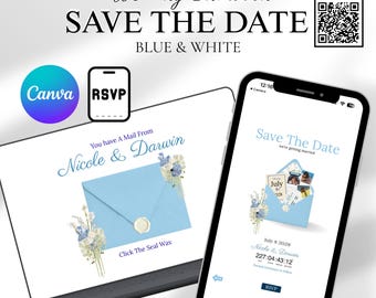 Modèle de faire-part de mariage « Save The Date » bleu et blanc accessible sur Canva