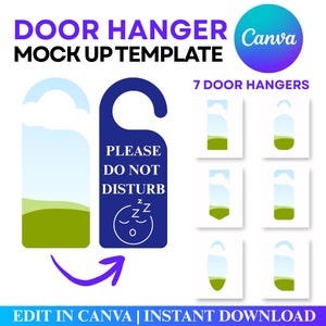 Pode incluir: Um modelo de maquete para penduradores de porta. O design inclui um pendurador de porta azul com o texto "PLEASE DO NOT DISTURB" e um ícone de rosto a dormir. A imagem também mostra sete designs de penduradores de porta com um tema paisagístico. O texto "DOOR HANGER MOCK UP TEMPLATE" está no topo.