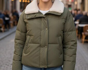 Women's Insulated Puffer Jacket: Beige/Olive with High Collar