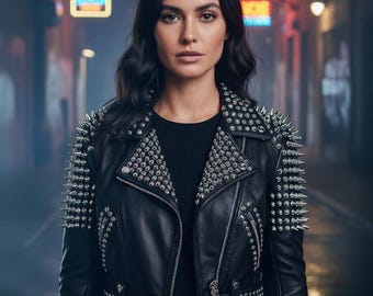 Women's Spiked Studded Black Leather Biker Jacket: Cropped Punk Rock