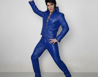 Mono de Elvis de piel de cordero azul hecho a medida – Atuendo de estrella de rock de los 70