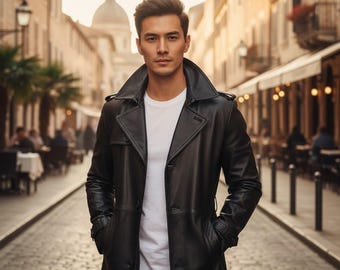 Gabardina de cuero negra para hombre: estilo largo con cinturón