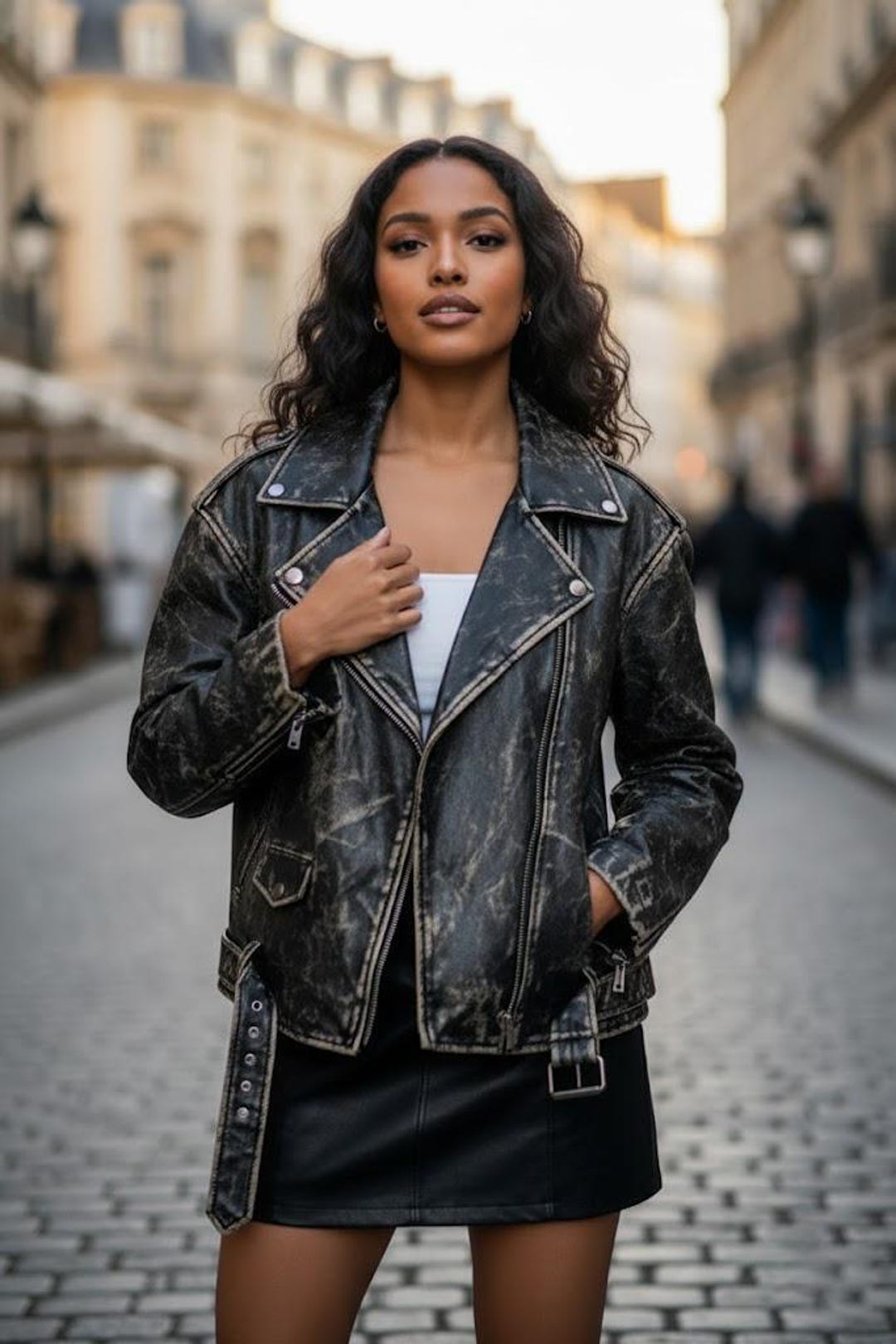 Women's Distressed Biker Black Jacket | Polished Modern Style