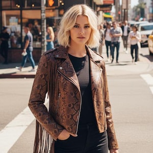 Może przedstawiać: Brązowa skórzana kurtka ze wzorem wężowej skóry i frędzlami. Kurtka ma klasyczny styl motocyklowy z kołnierzem z klapami, zapięciem na zamek i długimi rękawami. Modelka ma na sobie czarny top i czarne spodnie.
