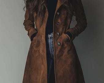 May include: A long, brown suede coat with a button-down front and pockets. The coat is knee-length and has a classic, tailored design. The coat is worn over a black turtleneck and blue jeans.