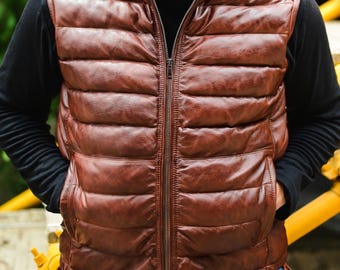 Men's Genuine Leather Puffer Vest - Quilted Design Sleeveless Puffer
