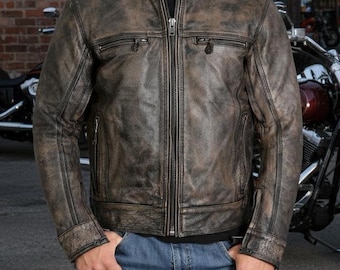 Vintage Vibe: Distressed Herren Bikerjacke aus schwarzem Leder mit klassischer Hardware
