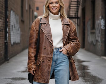 1990s Oversized Distressed Women's Brown Leather Jacket: Vintage Boxy Fit