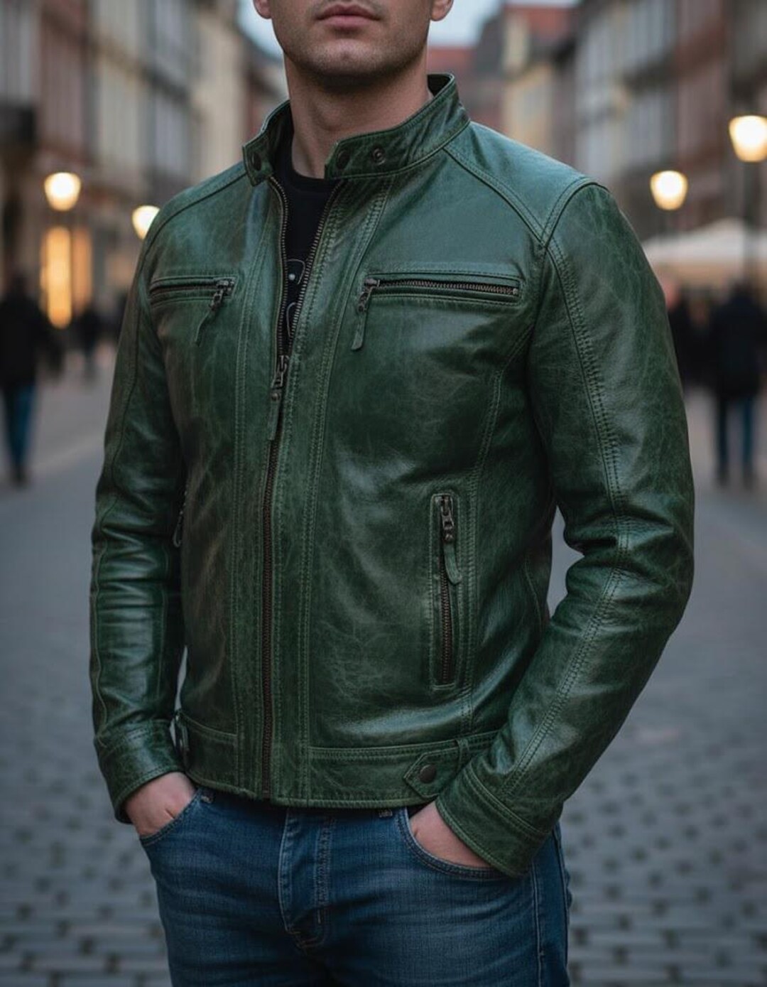 Emerald Edge: Men's Distressed Green Leather Biker Jacket - Etsy