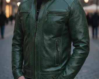 Emerald Edge: Men's Distressed Green Leather Biker Jacket - Etsy