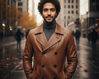 Cappotto da uomo in pelle marrone - Giacca classica abbottonata di media lunghezza