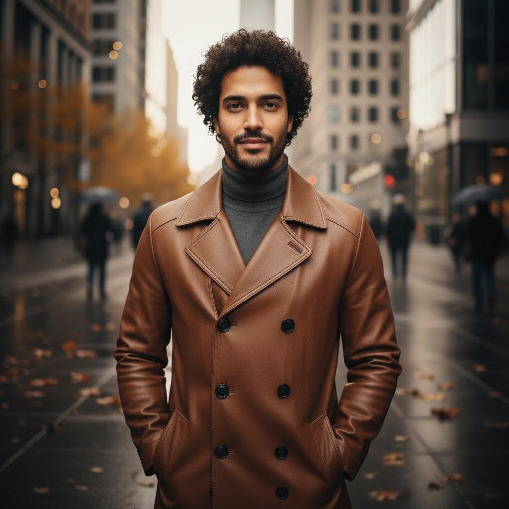 Men's Brown Leather Car Coat - Classic Button-up Mid-length Jacket