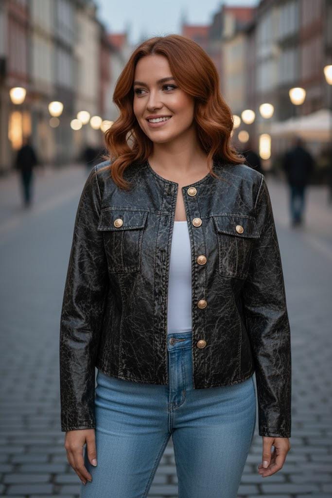 Collarless Cropped Brown Vegan Leather Jacket With Military