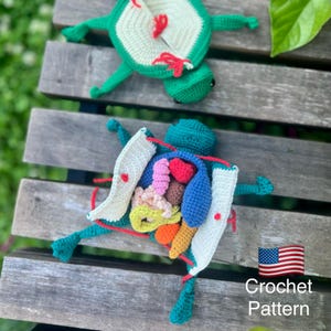 Pode incluir: Brinquedo de sapo de crochê com órgãos internos visíveis, em tons de verde, branco, vermelho, azul, rosa e amarelo. O corpo do sapo está aberto, mostrando os órgãos de crochê. A imagem inclui o texto "Crochet Pattern" e uma bandeira americana.