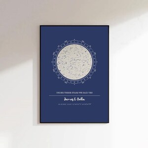 Op de afbeelding: Een ingelijste print met een donkerblauwe achtergrond toont een cirkelvormige sterrenkaart. De tekst "UNDER THESE STARS WE SAID YES" staat boven de namen "James & Bella" en een datum en coördinaten. De sterrenkaart is wit met een kompasachtige rand.