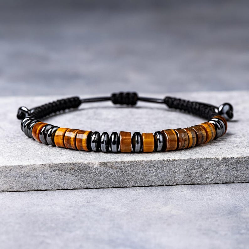 May include: A bracelet with alternating tiger's eye and black hematite beads. The bracelet has a black woven cord and is displayed on a grey surface. The tiger's eye beads are a warm, golden-brown colour. The bracelet is adjustable.