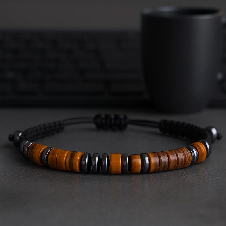 May include: A black braided bracelet with alternating brown and dark grey beads. The bracelet features a sliding knot closure for adjustable sizing. The beads are made of wood and hematite.
