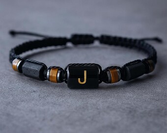 Mens Black Tourmaline Tiger Eye Bracelet, Protection Energy Bracelet, Custom Initial Bracelet, Couples Distance Bracelet