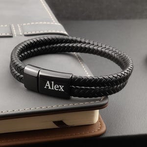 Engraved Leather Bracelet for Men, Custom Name Bracelet, Braided Bracelet, Stainless Steel Jewelry, Gift for Him, Boyfriend Gift