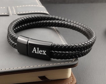 Pulsera de cuero grabada para hombre, pulsera con nombre personalizado, pulsera trenzada, joyería de acero inoxidable, regalo para él, regalo para novio