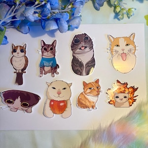 May include: A collection of eight cat stickers with various expressions. The stickers feature different cat breeds and colors, including orange, brown, and white. One cat sticker has the text "I still live with parents" on a blue shirt.