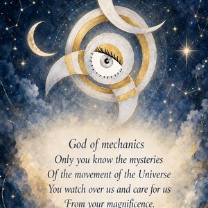 May include: A digital illustration featuring a central eye surrounded by gold and silver crescent shapes against a dark blue starry sky. The text reads: Channeled message, God of mechanics, Only you know the mysteries, Of the movement of the Universe, You watch over us and care for us, From your magnificence. Amaya Fernández Rubio, Anayel.