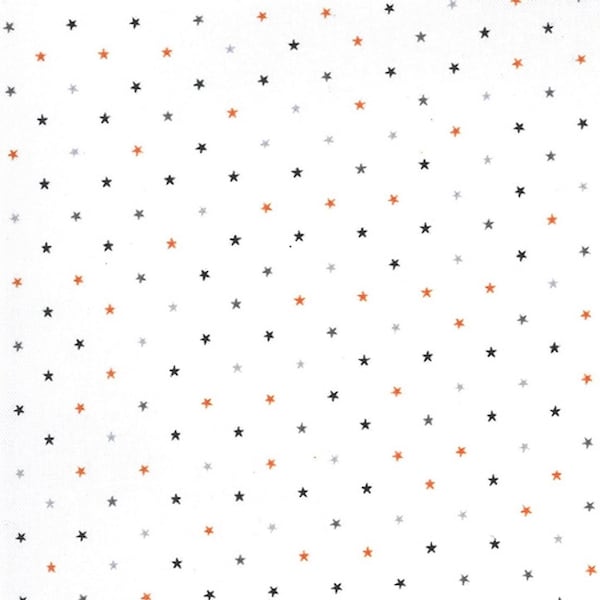 Twinkle Metallic Ghost, Sm Stars Orange, Blk and Silver Metallic, by April Rosenthal of Moda Fabrics, 24106 11, Sold by 1/2 Yd